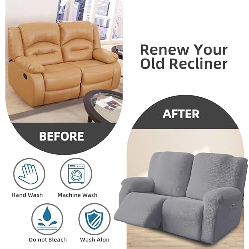 Image of Genina Recliner Loveseat Cover Stretch Couch Covers Sofa slipcover for 2 Seat Reclining Couch Thick Jacquard Furniture Protector (Light Grey)