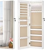 LUXFURNI Mirror Jewelry Cabinet 6 LED Lights Wall-Mount/Door-Hanging Armoire, Full screen mirror Large Storage Organizer Lockable