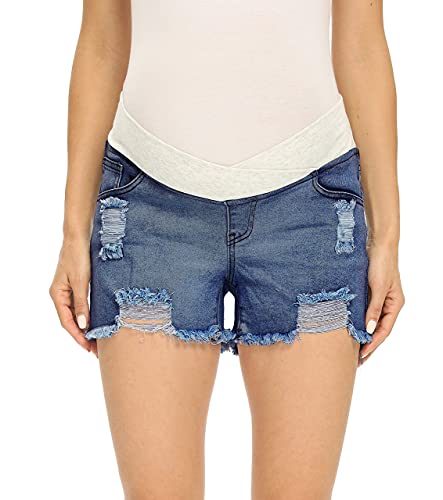 V VOCNI Short de maternité en jean pour femme avec ourlet brut, style décontracté - Bleu - Medium Cover