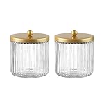 KMwares Matte Gold Set of 2 Glass Qtip Holder Dispenser Set for Cotton Ball, Swab, Round Pads, Floss Picks - Bathroom Canister Storage Organization and Vanity Makeup Organizer