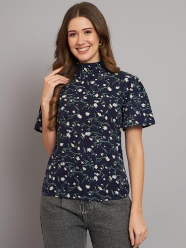 Image of THE DRY STATE Women's Rayon Casual Puff Sleeves Printed Multicolor Crop Top (S, Autumn Glory)