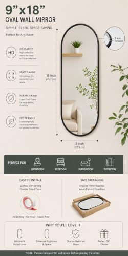 Image of Wall Mirror Semi Oval Shape, Glass, 9x18 Inch, No Drill Required, for Bathroom, Bedroom, Decorative