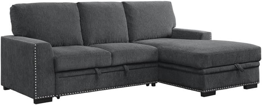 Pemberly Row Chenille Sectional Sofa, Gray Upholstered with Right Chaise, Pull-Out Bed, Hidden Storage, Nailhead Trim, Foam Cushion and Pocket Coil Support, 96 in Width for Living Room or Family Room