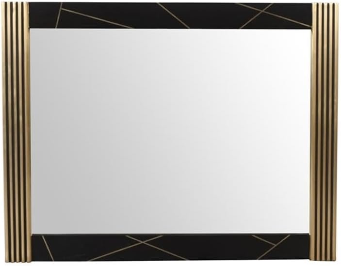 Pemberly Row Modern Square Mirror, Mango Wood Frame with Handcrafted Brass Accents, Black Finish, 39" H x 50" L, Durable Decorative Wall Mirror for Bedroom or Dressing Area
