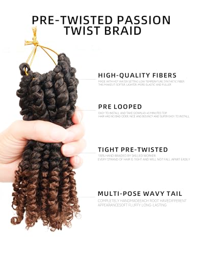 Pre-Twisted Passion Twist Crochet Hair for Black Women Passion Twist Hair Pre Looped Bohemian Braids 6 Inch 8 Packs Ombre Black to Brown Short Bob Curly Crochet Braiding Hair Extensions(6"-8P T30)