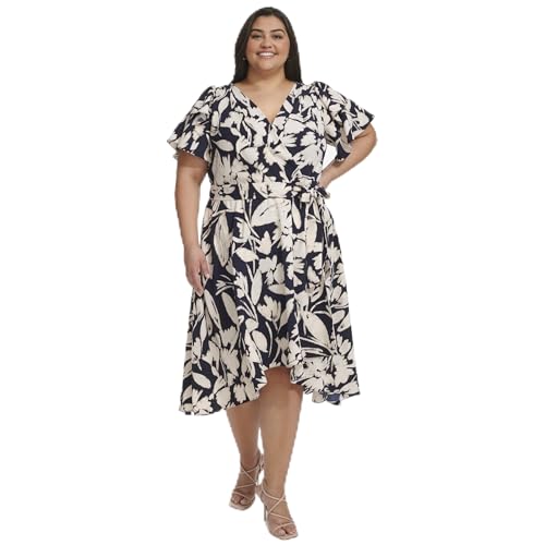 Robe portefeuille DKNY asymétrique chic avec manches à volants femme