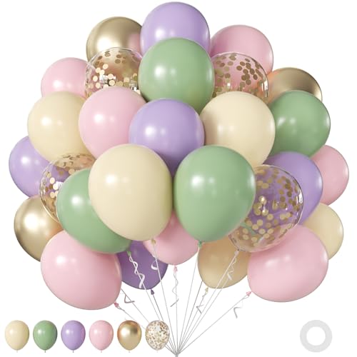 60Pcs Pastel Balloons, 12Inch Sage Green Pastel Macaron Pink Purple Yellow Gold Confetti Balloons for Wildflower Fairy Theme Baby Shower Wedding Birthday Party Decorations