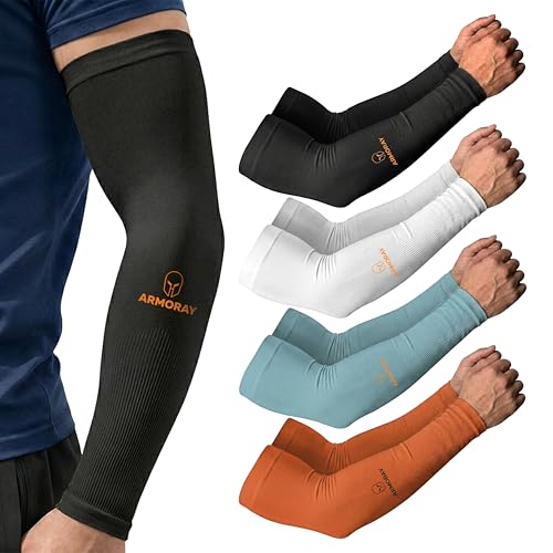 ARMORAY Arm Sleeves for Men & Women - 4 Pair UV Sun Protection Cooling Compression - Tattoo Cover Up Sleeve for Daily Wear & Work (4 Colors)