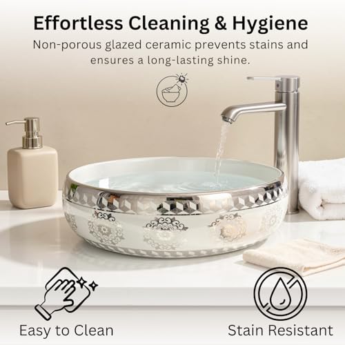 Image of Wallace Premium Countertop Wash Basin 60x40x15 cm | Oval Ceramic Table Top Sink |Interior with Gold Pattern | Luxury Designer Vanity Wash Bowl (Ivory Silver)