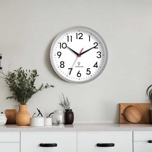 Image of DAXSMY Atomic Wall Clock Analog 10 Inch Battery Operated Modern Decorative for Living Room Kitchen Office Bedroom Bathroom(Silver)