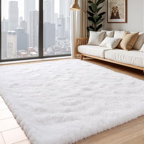 Small Bedside Rug, 3x5 Non Slip Fluffy Shaggy Entryway Throw Rugs for Bedroom Living Room, Indoor Floor Carpet for Kids Girls and Boys, Nursery Rooms Mat, Home Decor Aesthetic, White