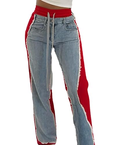 Women's Denim Patchwork Straight Leg Casual Pants Drawstring Elastic High Waisted Raw Hem Baggy Trousers3