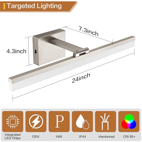 Image of SOLFART Vanity Lights for Bathroom: 24 Inch Bathroom Lighting Fixtures Over Mirror- Brushed Nickel 6000K LED Hardwired Adjustable 180 Degree Light Bar IP44 ETL