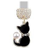 ELISE & FONDA TP195 Type-C USB Charging Port Crystal Anti Dust Plug Little Cat Pet Pendant Cell Phone Charm for Samsung Galaxy/Huawei/OnePlus/Xiaomi/oppo Android Phones (Black)