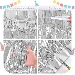 Miniatura 3 de Morcheiong Paquete de 2 faldas de mesa de oropel de papel de aluminio plateado de 29.5 x 108 pulgadas desechables para mesas rectangulares, cortina