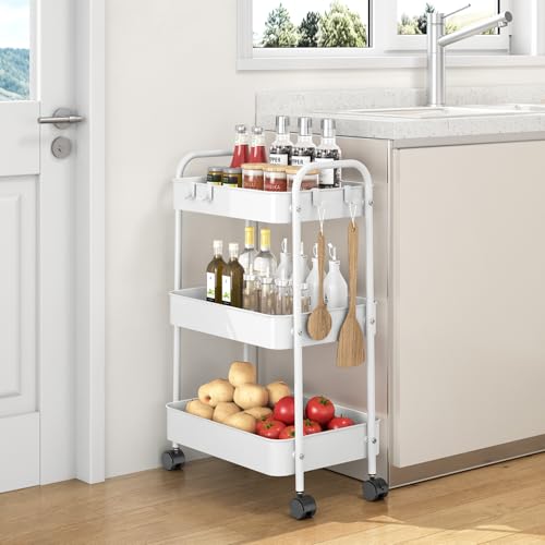 TOOLF Carrinho de rodinhas de metal de 3 camadas, carrinho utilitário com ganchos, carrinho de armaz