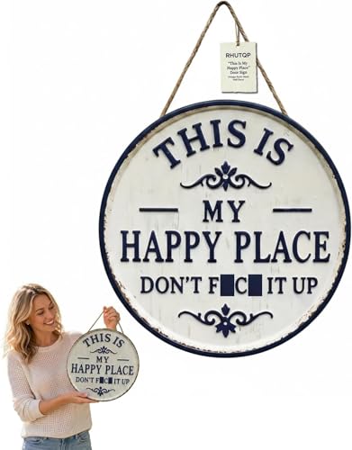 Happy Place – Vintage Statement Metal Sign, “This Is My Happy Place” Round Garden Wall Art Decor, Retro Farmhouse Rustic Hanging Decor for Indoor & Outdoor Use, Ideal for Porch, Garden, Living Room