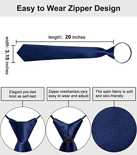 Image of YourTies Zipper Tie for Men Adjustable Pre-tied Satin Neckties and Pocket Square Set Solid Color Business Formal Wedding