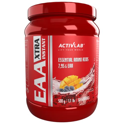 Activlab EAA XTRA Instant | 500g | Alle 8 essentielle exogene Aminosäuren mit B-Vitaminen | 50 Portionen | Workout Drink - Mango-Brombeere | Optimale Wertigkeit, Made in Polen | Messbecher | Vegan Cover
