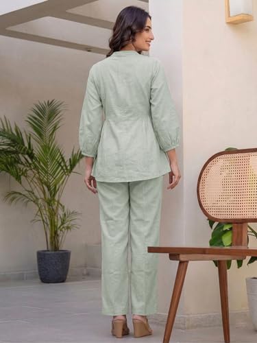 Image of TAGDO Co Ord Set for Women Stylish | Linen Kurta Set for Women | Mandarin Neck & Button Kurti Tops with Straight Fit Pants | Casual, Office & Travel Wear Two-Piece Outfit (2062)