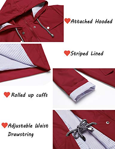 ZHENWEI Womens Lightweight Hooded Waterproof Active Outdoor Rain Jacket Spring Coat Wine Red M - Thumbnail 6