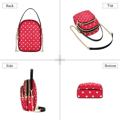 White Hearts Vibrant Red Women Shoulder Purses Quilted Phone Bags with Chain Strap Cute Zipper Bowler Tote Ladies Satchel4