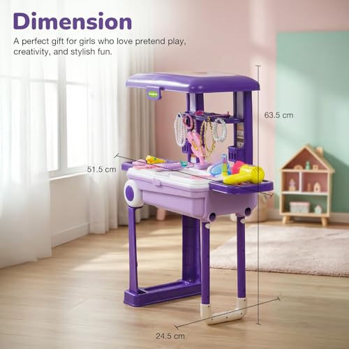 Image of Baybee Beauty Set Toys for Girls | Kids Makeup Set with Trolley Suitcase, Pretend Role Play Toys with Make up Table, Hair Accessories & Styling Tools, Portable Toy Set for Girls 3+ Years (Purple)
