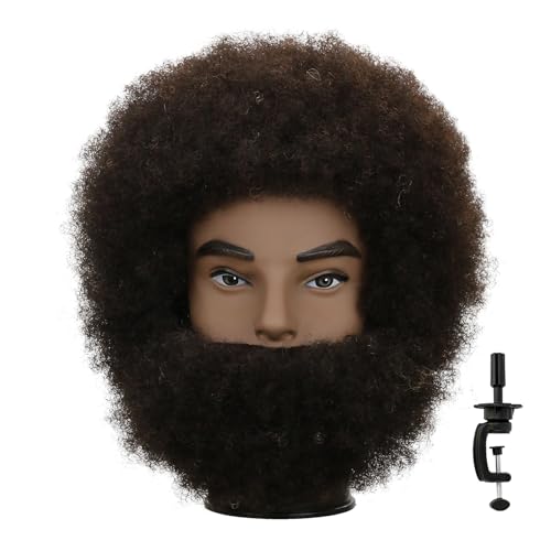 Sirydtm Afro Kinky Curly Human Hair Mannequin Head with Beard - 100% Real Hair for Braiding Practice Cornrow Styling Cutting & Coloring - Professional Cosmetology Training Head for Salon & Student