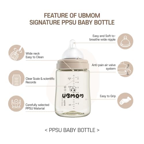 Miniatura 4 de UBMOM Biberón anticólicos todo en uno, sin BPA, cuello ancho, sin puntas, base estable, fácil de limpiar, biberón natural de 9.47 onzas, pezón nivel