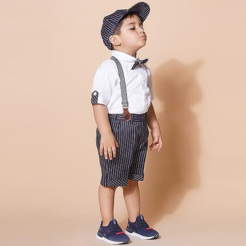 Image of AJ DEZINES Kids Cotton Printed Shirt Shorts Set For Boys With Cap and Suspender