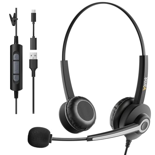 Wantek Casque USB avec Microphone Antibruit,Casque Filaire PC avec Adaptateur USB-C,Contrôle du Volume,Casque Téléphonique pour Ordinateur...