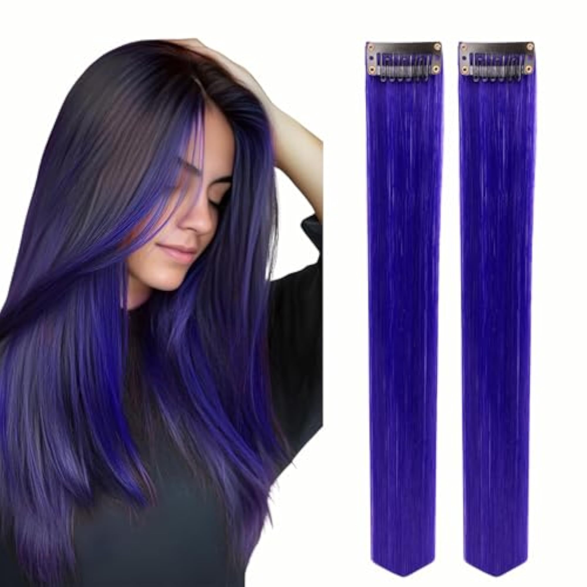22 Inch Blue Clip-Based Straight Colored Hair Streaks
