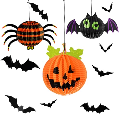 Waldspring Halloween Papier Laternen & Fledermaus Deko Set, 3 + 12 Stück Halloween Partydekoration, DIY Laternen Bastelset für Kinder, Fenster Wand Deko, Garten & Zimmer Hängedekoration