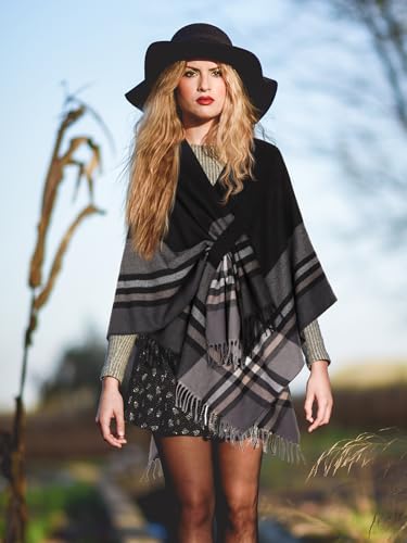 Image of Bestshe Women's Boho Open Front Poncho Plaid Shawl Wrap Cape | Tassel Cardigan Sweater, Cozy Layering, Fall Winter Clothes for Women