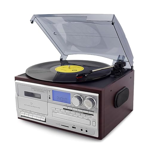 Tocadiscos retro Bluetooth con altavoces integrados, reproductor de CD y radio AM/FM, compatible con discos de vinilo