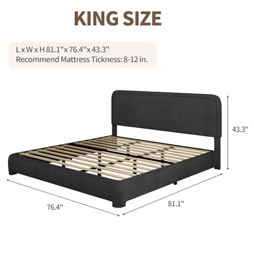 Image of BarnFurin King Bed Frame, Cloud Boucle Headboard, Rounded Corners, Black