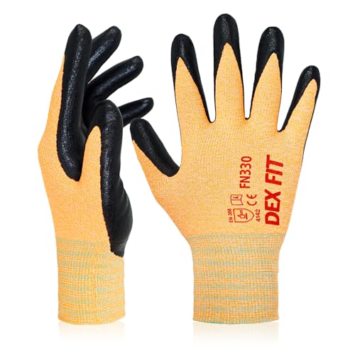 Image of DEX FIT Work Gloves FN330, 3D Comfort Stretch Fit, Power Grip, Durable Foam Nitrile Coated, Smart Touch, Thin & Lightweight, Machine Washable, Orange 7 (S) 3 Pairs