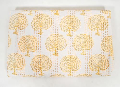 YUVANCRAFTS Indian Block Print Kantha Quilt Queen Size Cotton Quilt Boho Kantha Bedspread Blanket Bed Cover Yellow 90 X 108 Inch