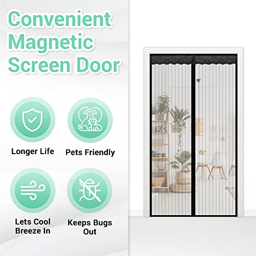 Ngreen Reinforced Magnetic Screen Door - Heavy Duty Mesh Curtain And Full Loop And Frame Hook, No Tools Required (34"X83", Fits Door Up To 32" W X 82" H) #TOP3
