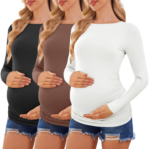 Ekouaer Women Long Sleeve Maternity Shirts 3 Pack Ruched Side Pregnant Tops Boat Neck Pregnancy Tshirt Fall Maternity Blouse Tee Black/White/Brown S