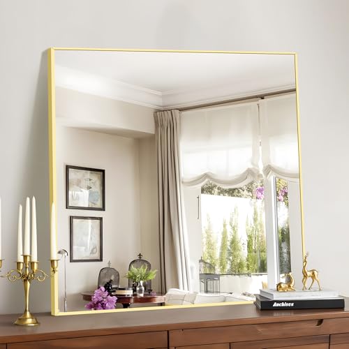 Image of COFENY Gold Bathroom Mirror for Wall, 30x30 Inch Square Mirrors with Metal Frame, Modern Vanity Wall Mirror Decor for Bathroom Living Room, Entryway Hangs Horizontal or Vertical