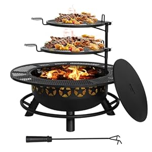 Hykolity 35 Inch Fire Pit with 2 Cooking Grate & Charcoal Pan, Outdoor Wood Burning BBQ Grill Firepit Bowl with Cover Lid, Steel Round Table for Backyard Bonfire Patio Picnic Hykolity 35 Inch Fire Pit with 2 Cooking Grate Charcoal Pan Outdoor Wood Burning BBQ Grill Firepit Bowl with Cover Lid Steel Round Table for Backyard Bonfire Patio Picnic