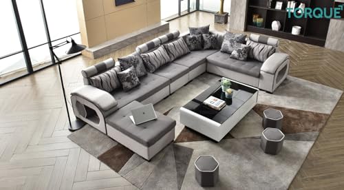 Image of Torque Silvester 12 Seater Sofa Set for Living Room (Grey) | Interchangeable U Shape Sectional Sofa | Solid Wood Frame & High-Density Supersoft Foam | Includes Puffy & Stool | Modern Home Furniture