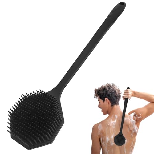 Astrumdex Limpiador Corporal de Silicona para Ducha con Mango Largo 42.4cm - Cepillo de Ducha de Doble Cara para Exfoliación y Masaje, Limpiador Corporal de Silicona para Uso en la Ducha