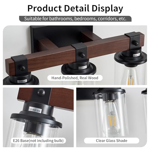 Image of Farmhouse Wood Vanity Light for Bathroom, 3-Light Bathroom Light Fixtures Over Mirror, Rustic Wall Sconces Lighting with Metal Lampshade for Bathroom, Bedroom, Hallway