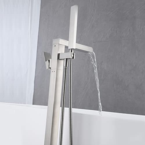 Grifo de bañera de pie tipo cascada Wowkk, con ducha manual, montaje en piso, acabado niquel cepillado, cuerpo de latón y una sola palanca miniatura 4