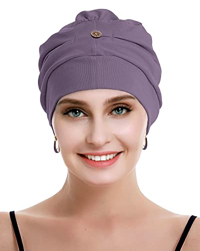 Osvyo Cotton Chemo Turbans For Women Cancer Hairloss Hat - Cotton Lightweight Headwear Sealed Packaging Purple Gray #TOP5