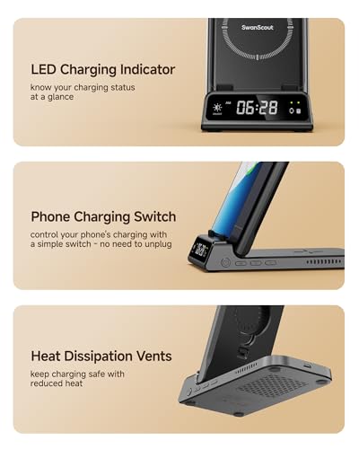 Image of SwanScout 703S Charging Station for Samsung S26 Ultra, 3-in-1 Wireless Charger for Galaxy S26+ /S25 /S24 Ultra /S24 /Z Flip /Fold, for Galaxy Watch Ultra /8 /7 /6, for Galaxy Buds3 Pro (No Adapter) (Black)