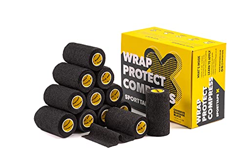 SPORTTAPE Cohesive Bandage | Self Adherent Vet Wrap - 10CM x 4.5M - Box of 6 Rolls - Black | Football Sock Wrap & Shin Guard Tape. for Wrist & Ankle Sprains and Swelling