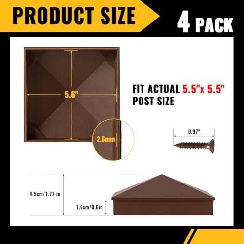 Image of VIVIDA 6x6 Aluminum Post Caps(Actual 5.5 inch x 5.5 inch), Metal Fence Post Caps with Waterproof Matte Powder Coated, for Wooden Fence, Deck, Mailbox, Patio, Screw & Driver Bit Included, Brown, 4 Pack